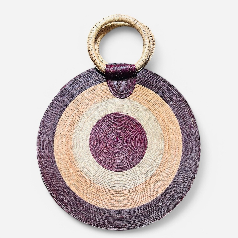Brown Straw Circle Round Top Handle Beach Bag Handbag Beige Bullseye